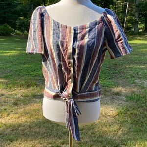 DREW ANTHROPOLOGIE TOP CROPPED BLUE RED WHITE TAN OFF SHOULDER TIE WAIST Size L
